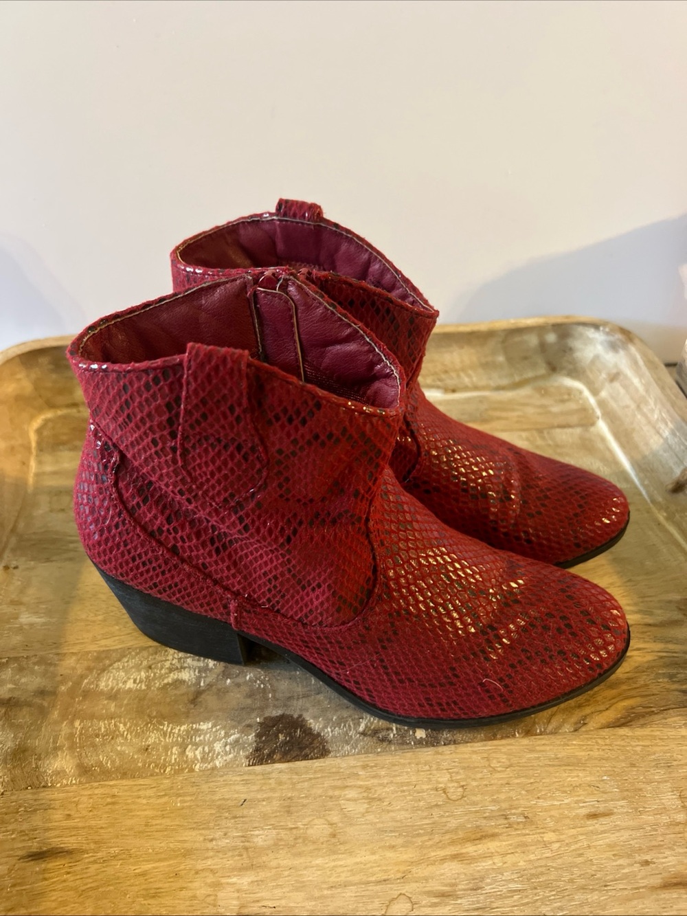 True Craft Red Snake-Embossed Ankle Booties